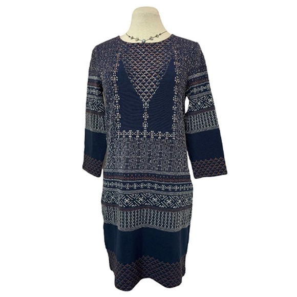 BCBGMAXAZRIA Pullover Shift Navy Print Sweater 3/4 Sleeve Dress - Picture 1 of 8